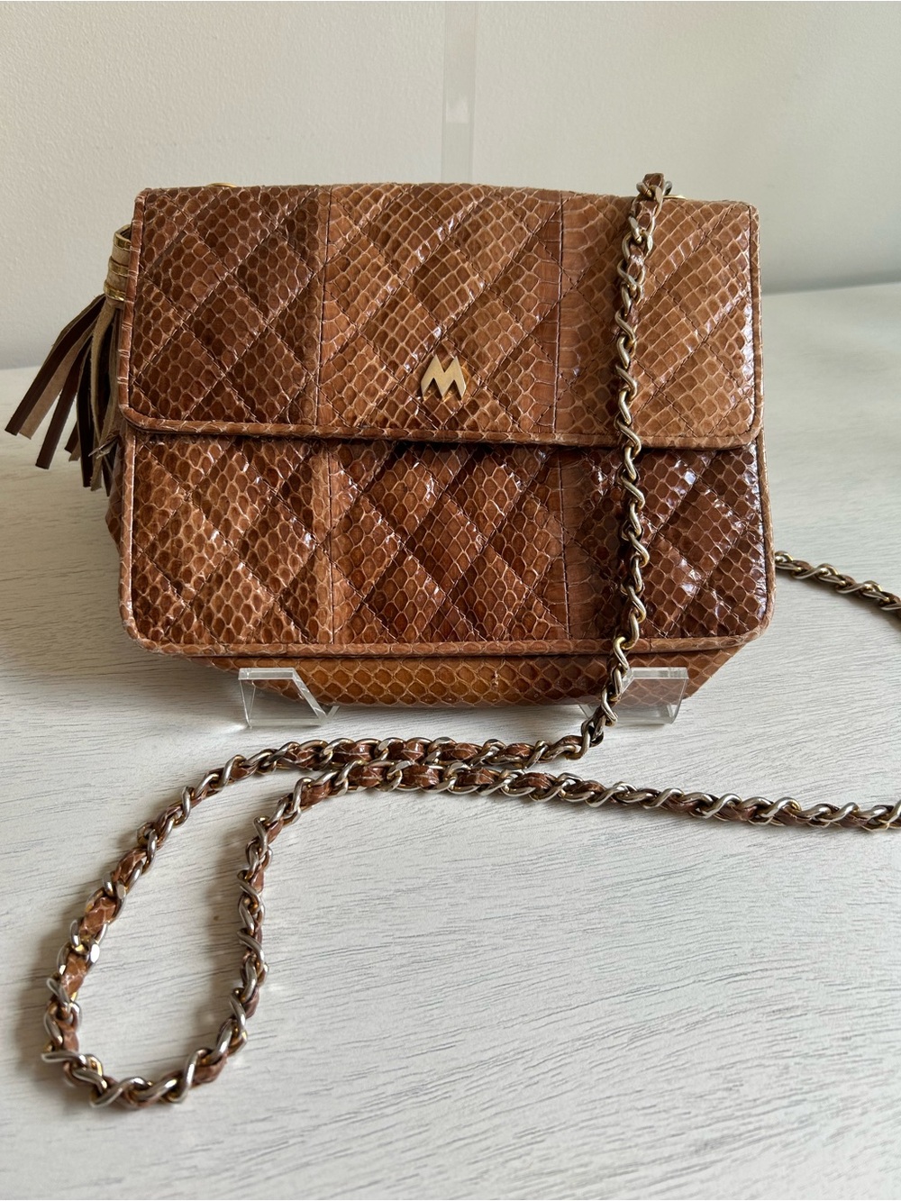 Quilted Brown Leather Crossbody Bag with Chain Strap